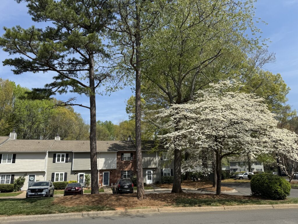 Exterior view of Heathstead Apartments community buildings with landscaped grounds and walking paths