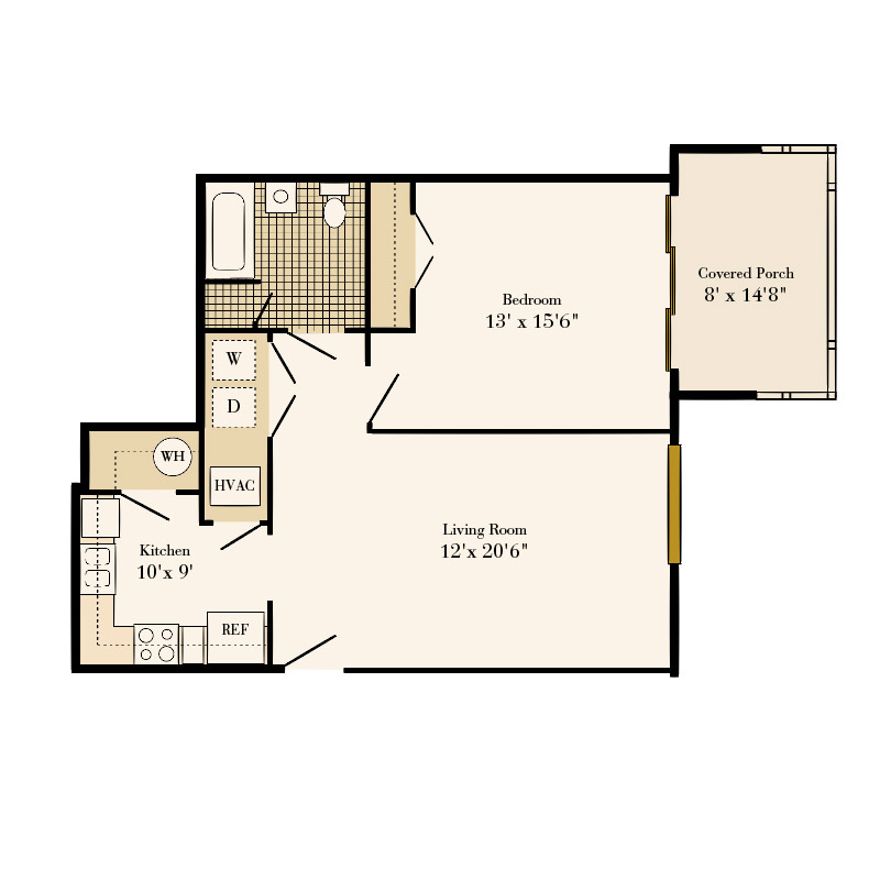 Queens at Granville 1 bedroom/1 bath Cottage apartment floor plan
