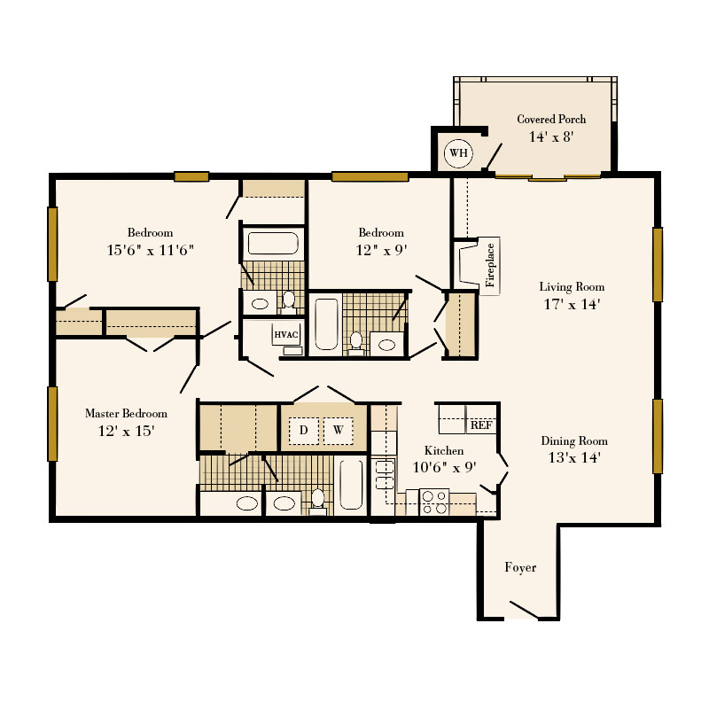Queens at Granville 3 bedroom/3 bath Georgian apartment floor plan