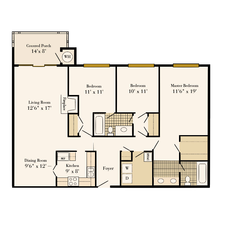 Queens at Granville 3 bedroom/2 bath Hermitage apartment floor plan