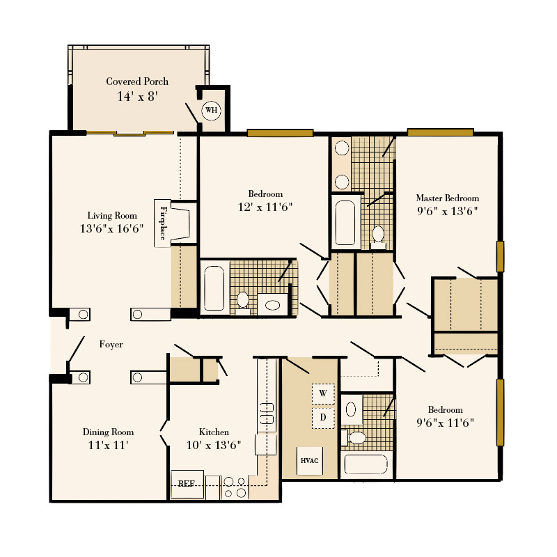 Queens at Granville 3 bedroom/3 bath Huntley apartment floor plan