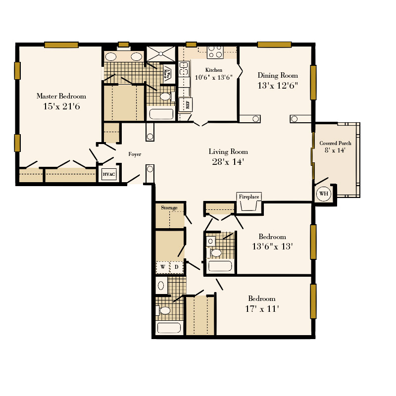 Queens at Granville 3 bedroom/3 bath Queens apartment floor plan