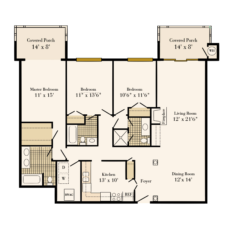 Queens at Granville 3 bedroom/3 bath Tryon apartment floor plan